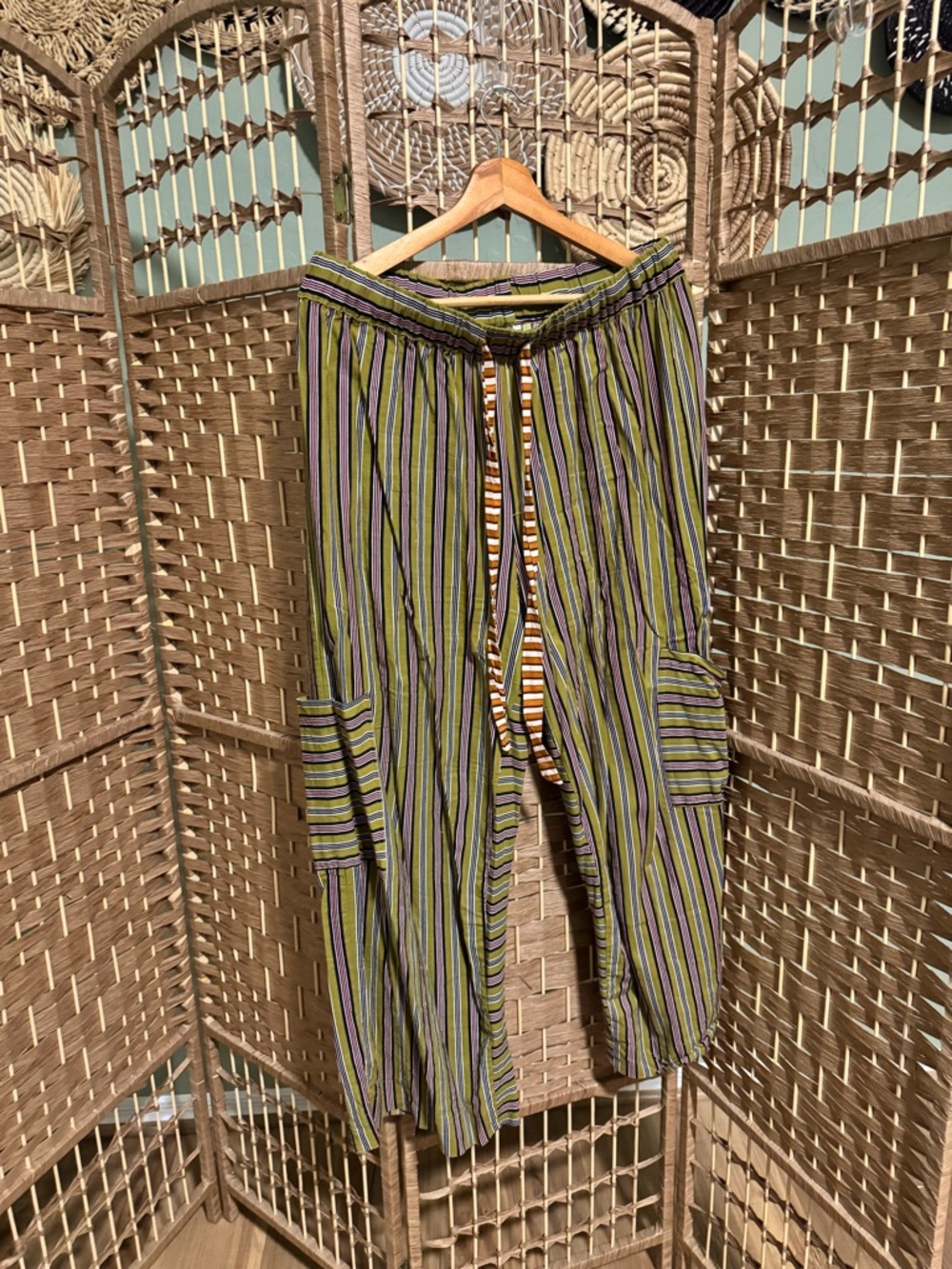 Striped Relaxed-Fit Pants in Olive and Purple
